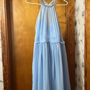 Powder blue tea length dress. Halter neck with pearl details, worn once!